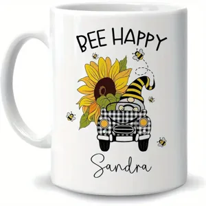 Taza de café de cerámica blanca con lindo diseño de gnomo de girasol y abejas, personalizada.