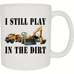 White ceramic coffee mug with construction truck print funny novelty tea cup office gift