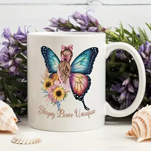 White ceramic coffee mug featuring beautiful butterfly fairy graphic and inspirational text.