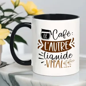 Ceramic coffee mug with French quote print, black handle, office drinkware for daily use.