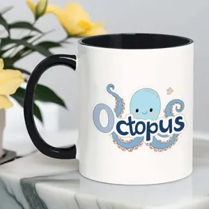 White ceramic mug with black handle, cute octopus print pattern for office home daily drinking use