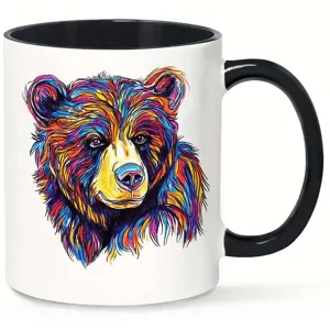 Colorful bear ceramic mug with black handle, perfect for coffee and tea in office and home daily.