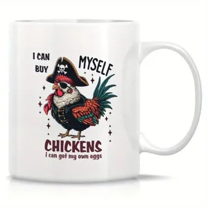 Taza de café de cerámica blanca con divertido diseño de pollo pirata, taza de regalo.
