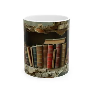 3D vintage bookshelf printed ceramic coffee mug, perfect for office and daily home use.