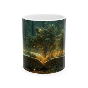 Detailed view of white ceramic coffee mug featuring magical tree and open book print design.
