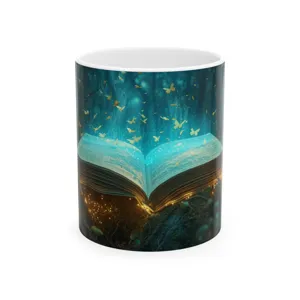 Ceramic coffee mug featuring a magical glowing book and butterflies design, perfect for office use.