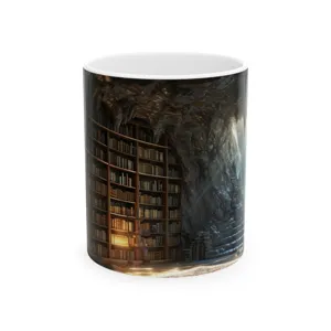 Fantasy library print ceramic coffee mug, unique cave bookshelf design office cup for daily use.