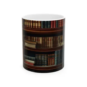 Vintage bookshelf print ceramic coffee mug, 3D library pattern office tea cup for daily use