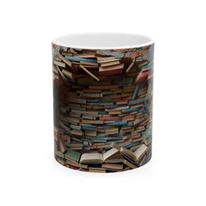Close-up detail of the ceramic coffee mug featuring unique 3D book stack illusion pattern.
