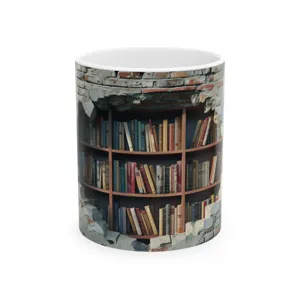 3D bookshelf ceramic coffee mug, creative broken wall illusion cup for office and home use.