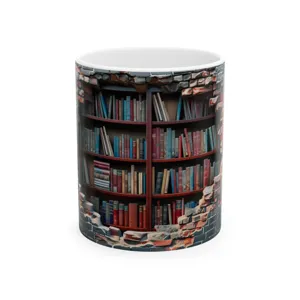 Close-up detail of 3D bookshelf pattern printed on ceramic coffee mug for office use.