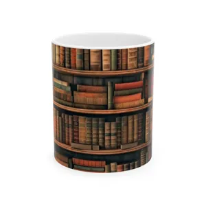Close-up detail of the ceramic mug featuring vintage 3d bookshelf pattern print clearly.
