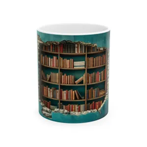 3D bookshelf printed ceramic coffee mug, perfect novelty gift for office and home daily use.