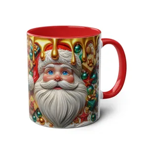 Detailed view of the 3D Santa Claus ceramic coffee mug with festive gift patterns and red handle.