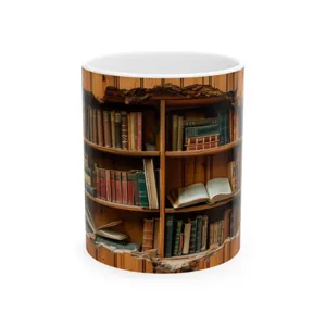 Detailed shot of a 3D bookshelf print ceramic coffee mug with a white interior.