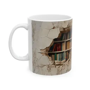 Detailed view of white ceramic coffee mug with unique 3D bookshelf print design.