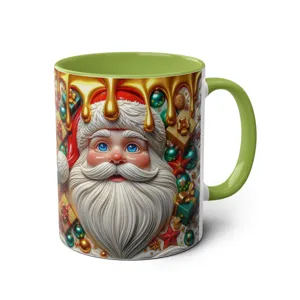 3D Santa Claus ceramic coffee mug with green handle and festive holiday design detail
