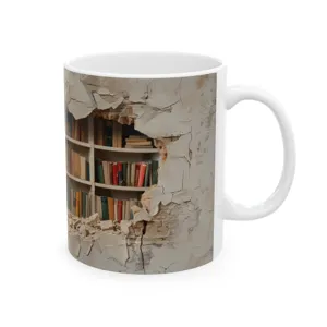 White ceramic coffee mug featuring a unique 3D cracked wall bookshelf printed design for office.