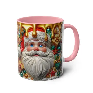 Close-up detail of 3D Santa Claus ceramic coffee mug with pink handle, festive holiday design.