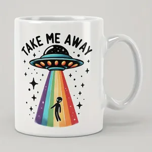 Tasse a café en céramique blanche avec motif mignon UFO extraterrestre arc-en-ciel cadeau.