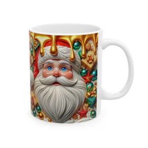 Detailed view of white ceramic coffee mug with vibrant 3D Christmas Santa Claus print.