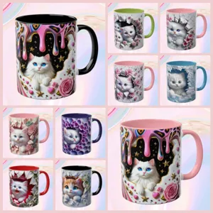 3D cute white cat ceramic mug with colorful floral and melting designs for office use.