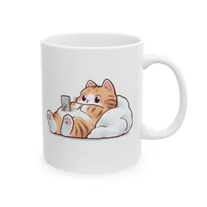 Tasse a cafe en ceramique blanche avec illustration de chat mignon et telephone.