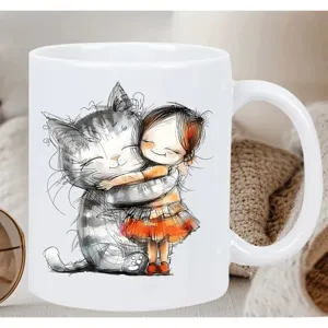Detailansicht einer weißen Keramik Kaffeetasse mit niedlicher Katzen und Mädchen Illustration.