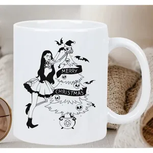 Gothic Christmas ceramic coffee mug with unique spooky skull design, perfect office cup.