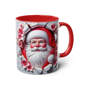 Christmas Santa Claus ceramic mug with red handle and 3D floral printed coffee cup