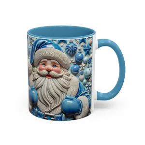 3D Santa Claus coffee mug with blue handle and interior, festive ceramic cup for office use