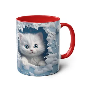 Cute 3D white kitten ceramic mug with red handle and inner rim, perfect for office and coffee.