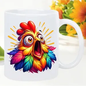 Detailed view of white ceramic coffee mug with vibrant colorful cartoon rooster print.