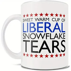 Keramik Kaffeetasse mit einem politischen Aufdruck, weiße Teetasse für Büro und Alltag.
