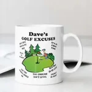 Custom golf themed ceramic coffee mug with funny quotes and cute graphic design for office use.