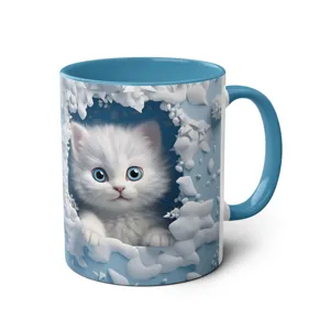 3D Cute White Cat Ceramic Coffee Mug with Blue Handle for Office and Daily Home Use