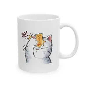 Tasse a cafe en ceramique blanche avec un design graphique de chat mignon pour usage quotidien.