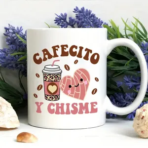 White ceramic coffee mug featuring cute leopard print cup and concha heart graphic design.