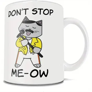 Weisser Keramik-Kaffebecher mit lustigem Rock-Singer-Katzen-Design fuer den taeglichen Gebrauch.