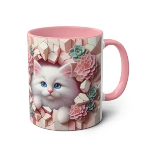 3D cute white cat succulent ceramic coffee mug, pink handle office milk tea cup main view