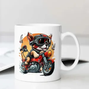Cool motorcycle dog print white ceramic mug, ideal office coffee cup with custom graphic style.
