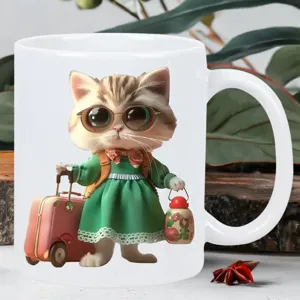 White ceramic coffee mug with cute cartoon cat print, perfect for office and daily use.
