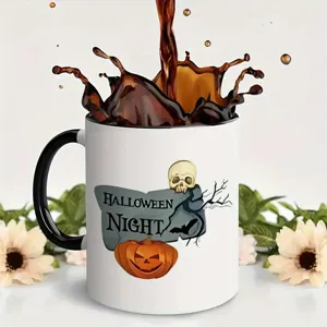 Taza de café de Halloween con asa negra, taza de cerámica con diseño espeluznante de calavera.