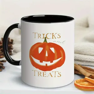 Taza de cerámica de Halloween con diseño de calabaza y asa negra para el hogar.