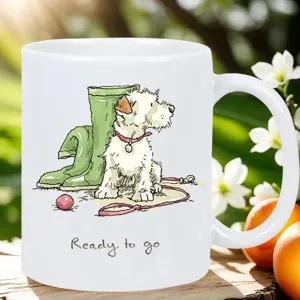 Tasse à café en céramique avec illustration de chien terrier, tasse de bureau blanche.