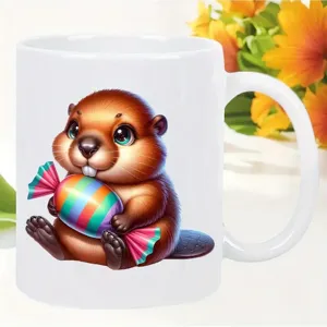 Tasse à café en céramique blanche avec motif de castor mignon et bonbon, idéale pour le bureau.