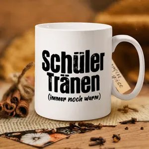 Weisser Keramik Kaffeetasse mit lustigem deutschem Spruch, ideal fuer Buro und Geschenke.