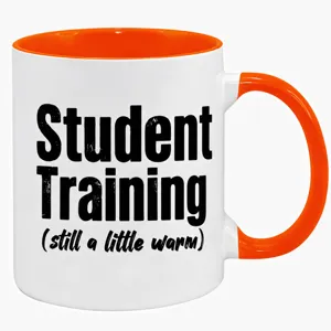 Keramik Kaffeetasse mit orangem Innenteil, lustiger deutscher Text bedruckter Becher Büro.