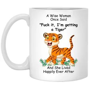 White ceramic coffee mug with cute cartoon tiger and funny quote for office or home use.