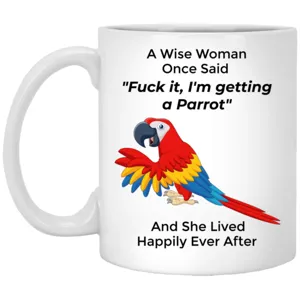 Close-up detail shot of the ceramic coffee mug showcasing funny parrot graphic and text print.